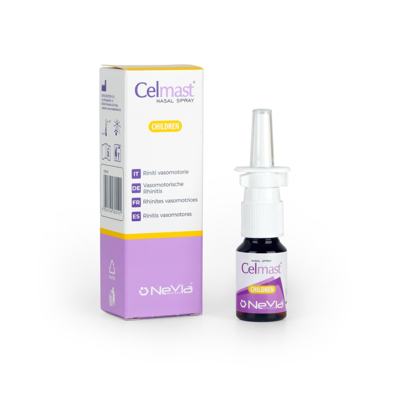 Nevia Biotech Celmast nasal spray for vasomotor rhinitis for children, with box packaging.