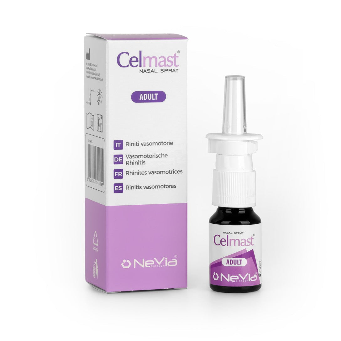 Nevia Biotech Celmast nasal spray for vasomotor rhinitis for adults, with box packaging.
