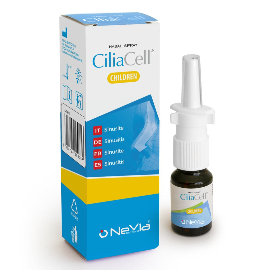 Nevia Biotech CiliaCell nasal spray for sinusitis relief for children, with box packaging.