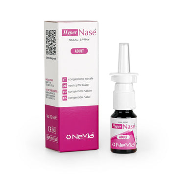 Nevia Biotech HyperNase nasal spray for nasal congestion for adults, with box packaging.